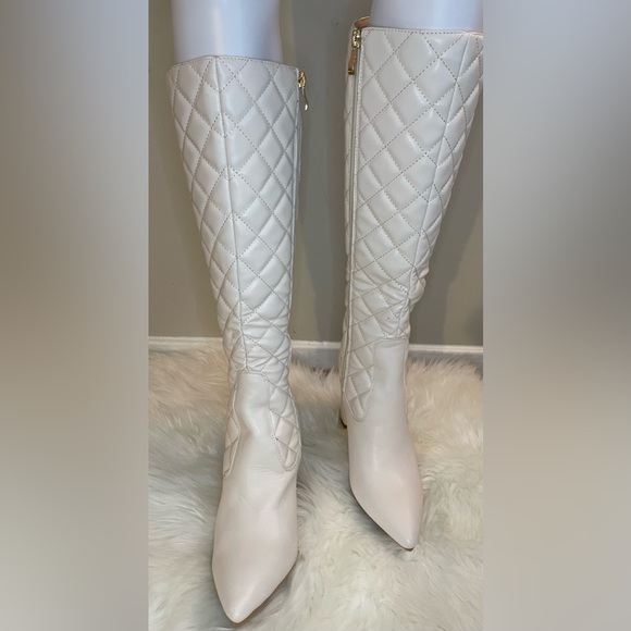 London Rag Quilted Knee-High Block Heeled Boots - Size 8 - White - Picture 2 of 11